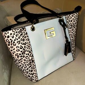 Guess color block leopard print tote bag
